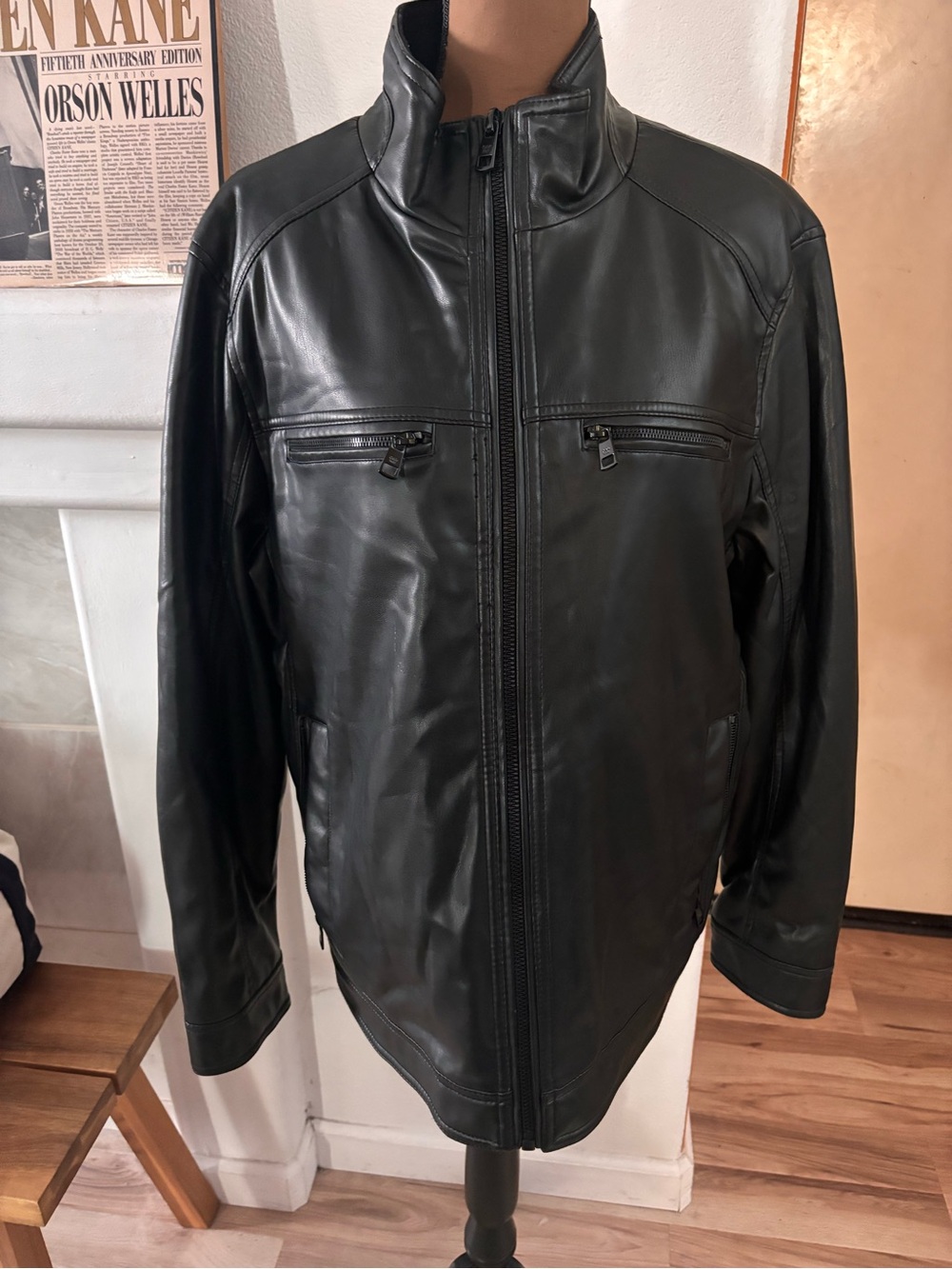 Calvin Klein Men's Black Faux Leather Full-Zip Moto Coat Jacket Size L.